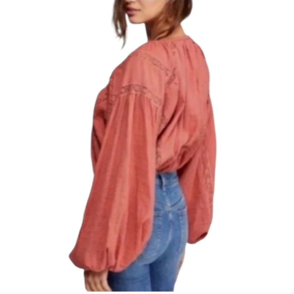 Free People Maria Maria Embroidered Top in Athena Puff Sleeve Size XS